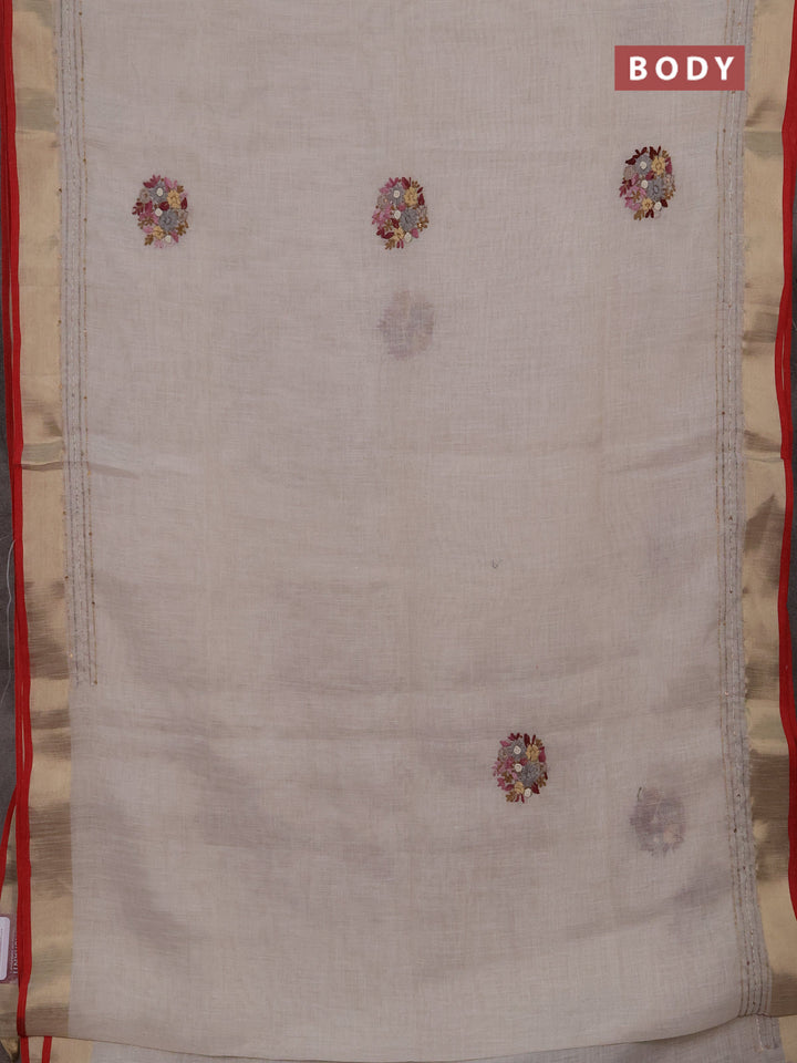 Linen cotton saree off white and light pink with embroidery buttas and embroidery kantha stitch work pallu