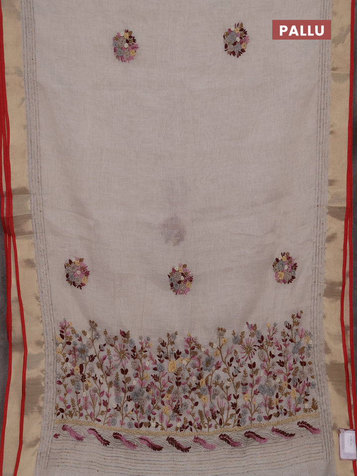 Linen cotton saree off white and magenta pink with embroidery buttas and embroidery kantha stitch work pallu
