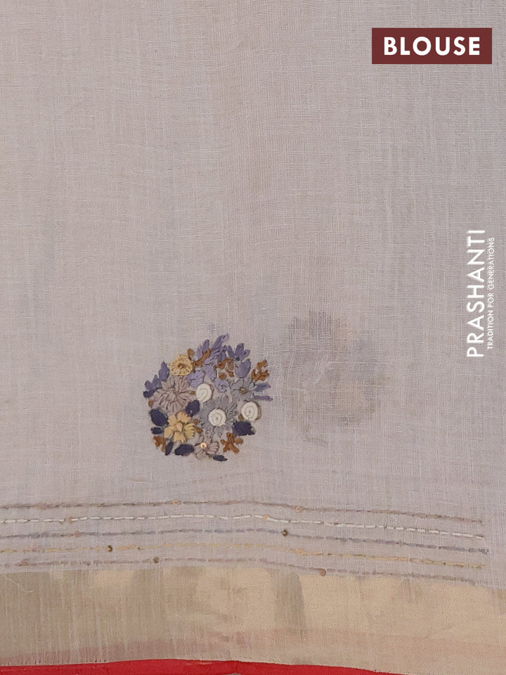 Linen cotton saree off white and sandal with embroidery buttas and embroidery kantha stitch work pallu