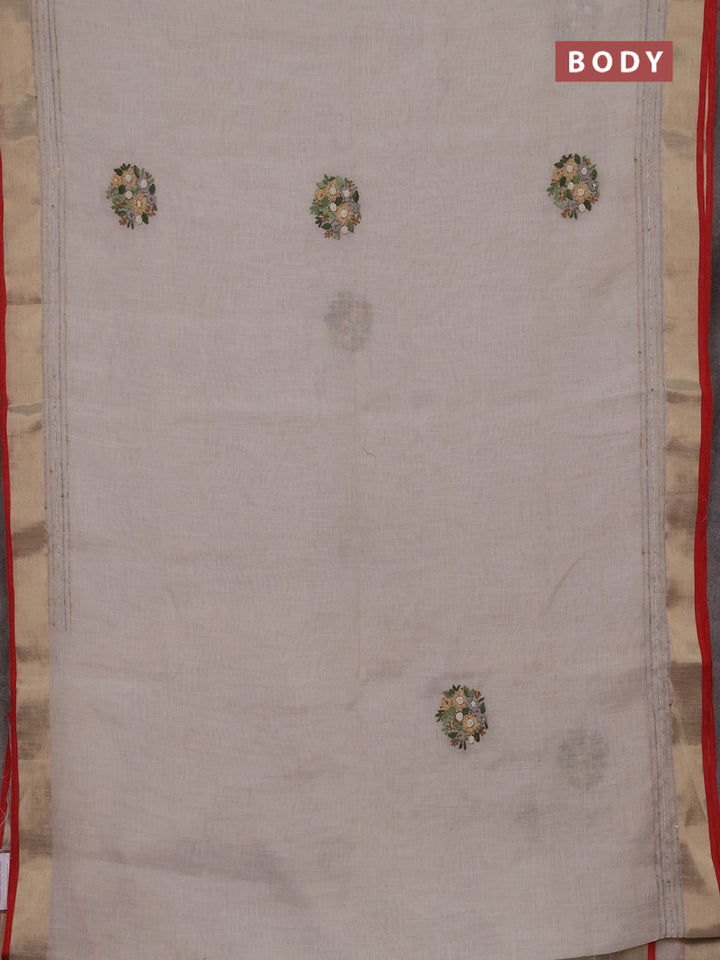 Linen cotton saree off white and grey with embroidery buttas and embroidery kantha stitch work pallu