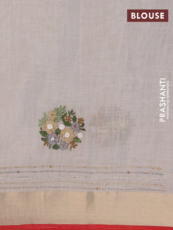 Linen cotton saree off white and grey with embroidery buttas and embroidery kantha stitch work pallu