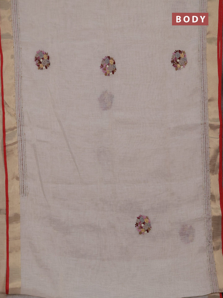 Linen cotton saree off white and light pink with embroidery buttas and embroidery kantha stitch work pallu