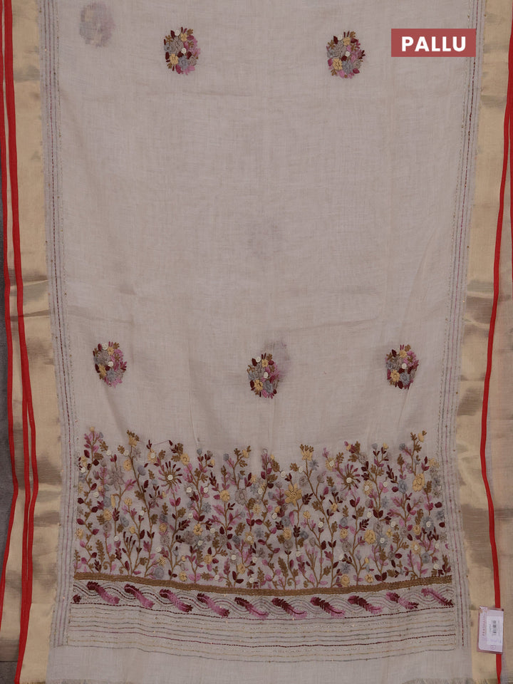 Linen cotton saree off white and light pink with embroidery buttas and embroidery kantha stitch work pallu