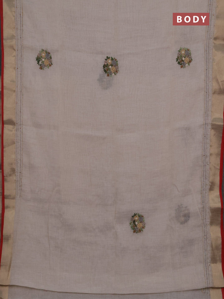 Linen cotton saree off white and green with embroidery buttas and embroidery kantha stitch work pallu
