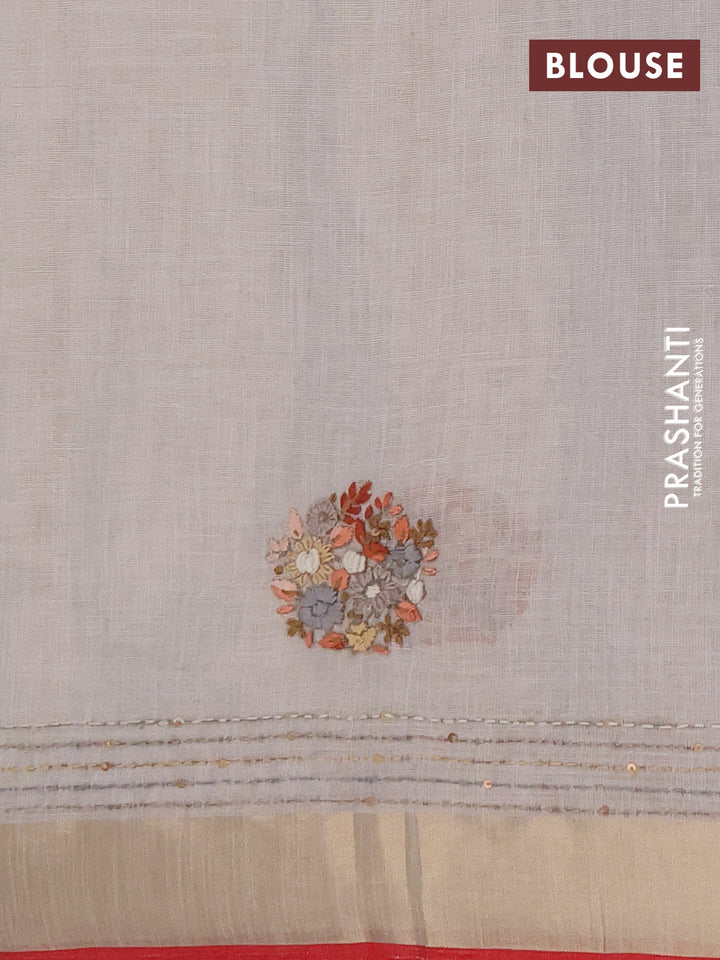 Linen cotton saree off white and dark mustard with embroidery buttas and embroidery kantha stitch work pallu