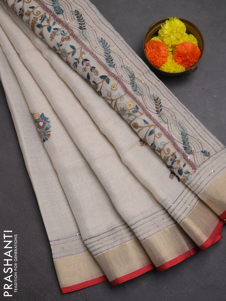 Linen cotton saree off white and purple with embroidery buttas and embroidery kantha stitch work pallu