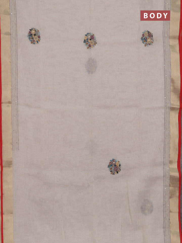 Linen cotton saree off white and purple with embroidery buttas and embroidery kantha stitch work pallu