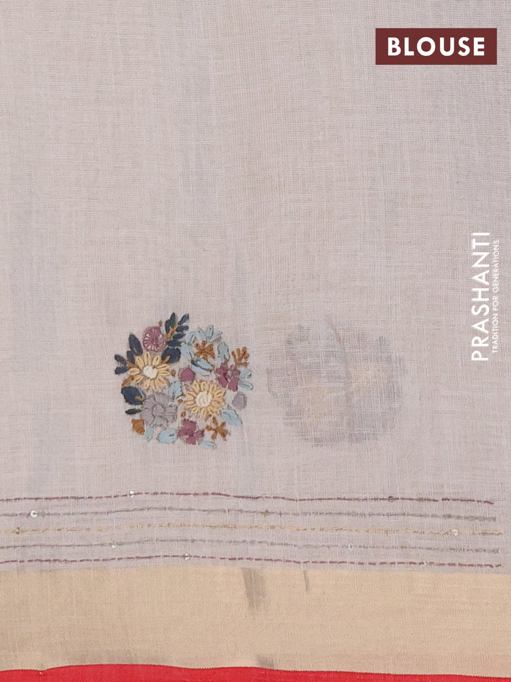 Linen cotton saree off white and purple with embroidery buttas and embroidery kantha stitch work pallu