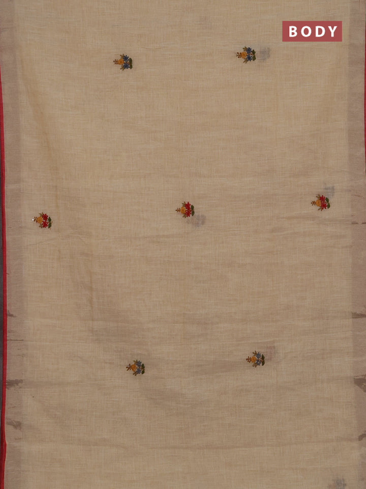 Linen cotton saree cream and maroon with embroidery buttas and embroidery kantha stitch work pallu