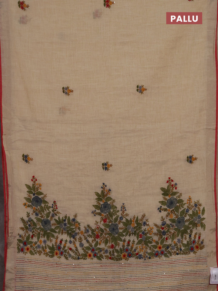 Linen cotton saree cream and maroon with embroidery buttas and embroidery kantha stitch work pallu