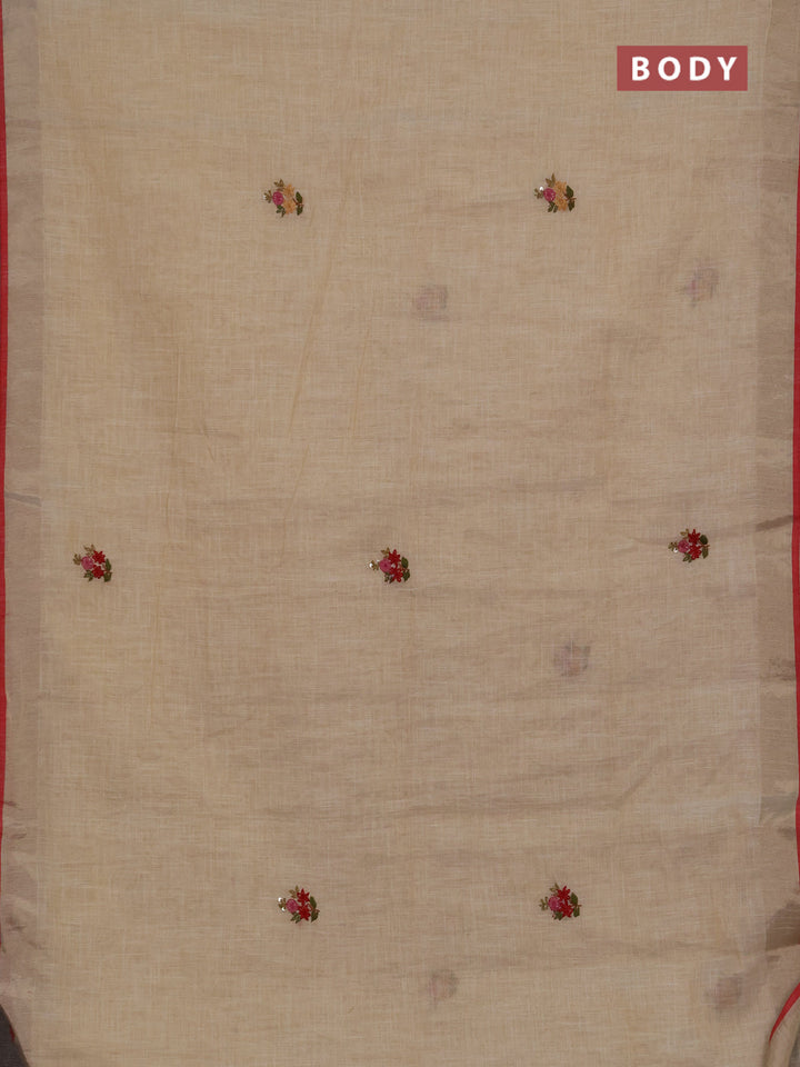 Linen cotton saree cream and maroon with embroidery buttas and embroidery kantha stitch work pallu