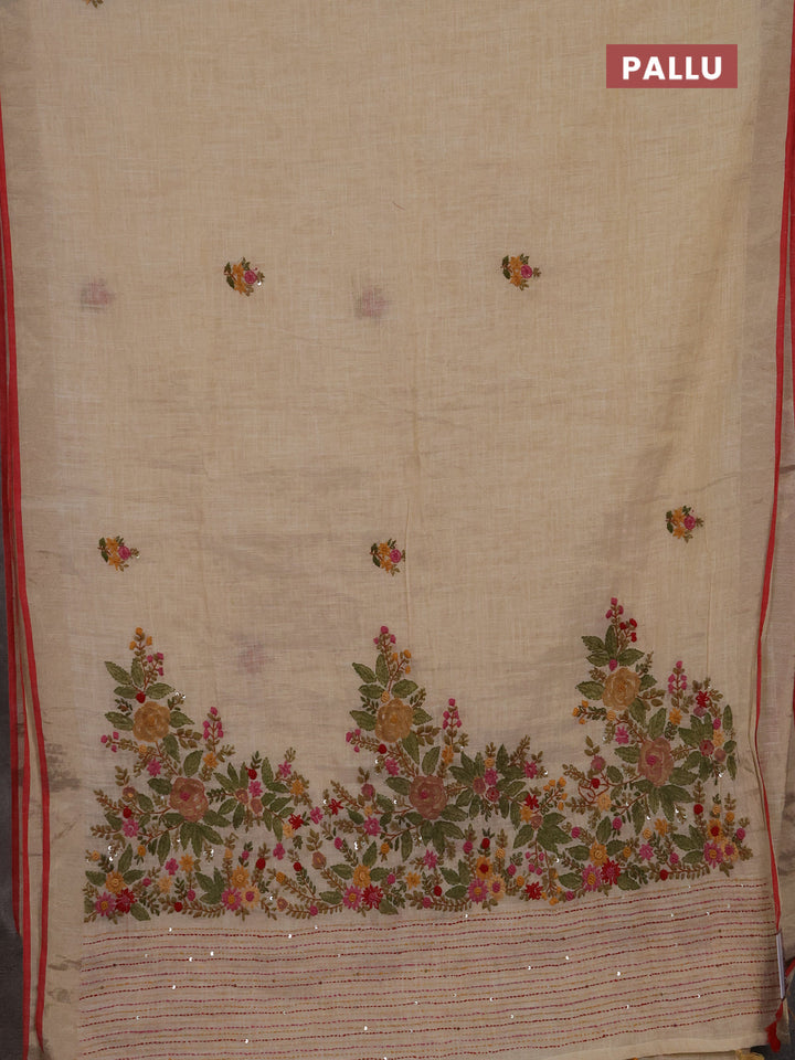 Linen cotton saree cream and maroon with embroidery buttas and embroidery kantha stitch work pallu