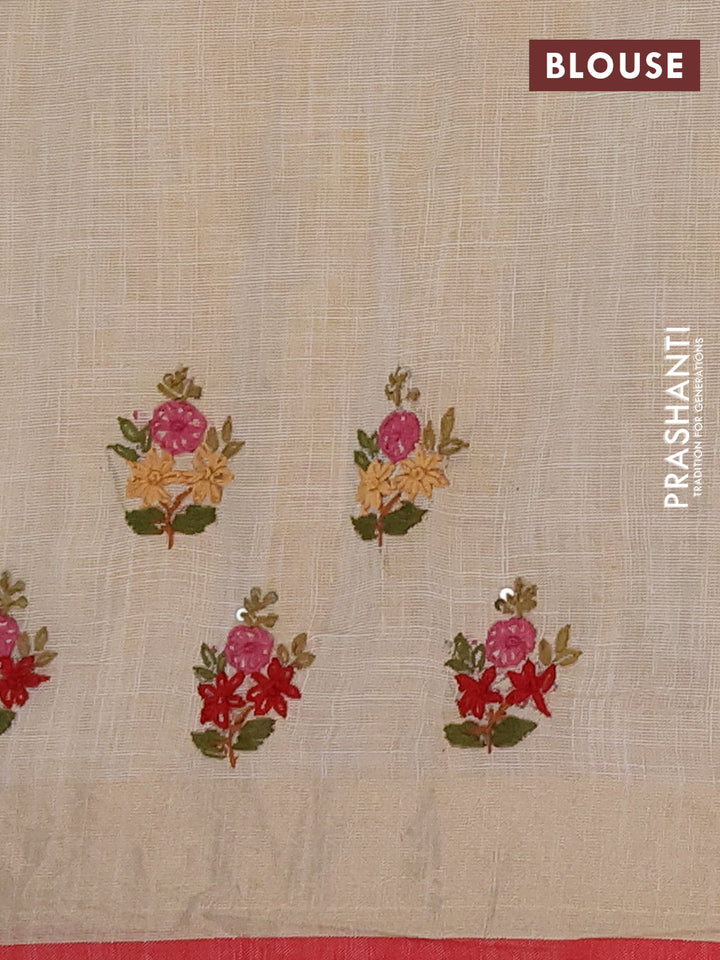 Linen cotton saree cream and maroon with embroidery buttas and embroidery kantha stitch work pallu
