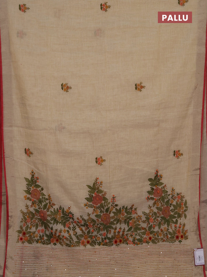 Linen cotton saree off white and maroon with embroidery buttas and embroidery kantha stitch work pallu