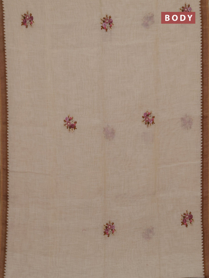 Linen cotton saree sandal with embroidery buttas and embroidery kantha stitch work pallu