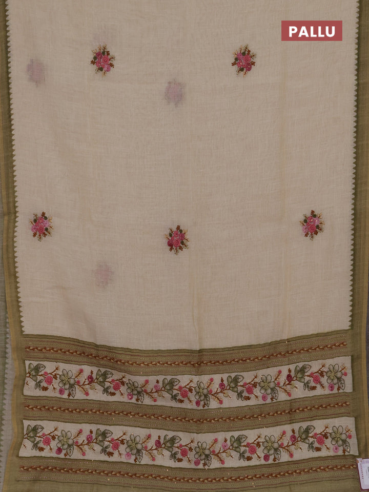 Linen cotton saree mehendi green with embroidery buttas and embroidery kantha stitch work pallu