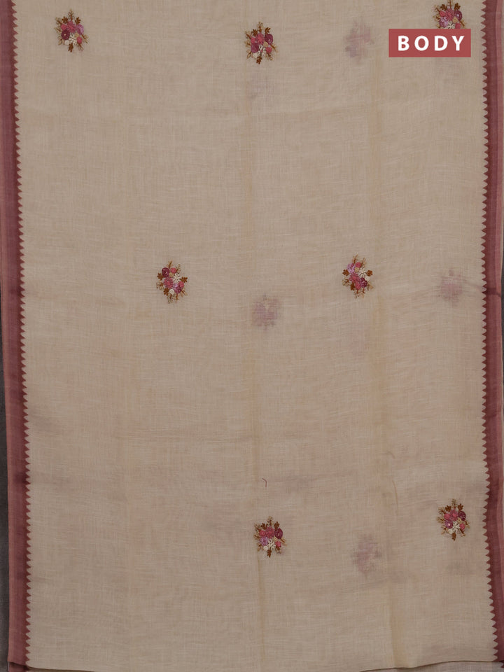 Linen cotton saree pink shade with embroidery buttas and embroidery kantha stitch work pallu