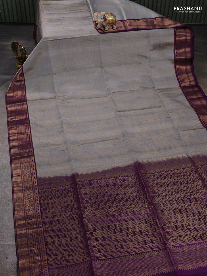 Pure soft silk saree grey and purple with allover checked pattern and zari woven border