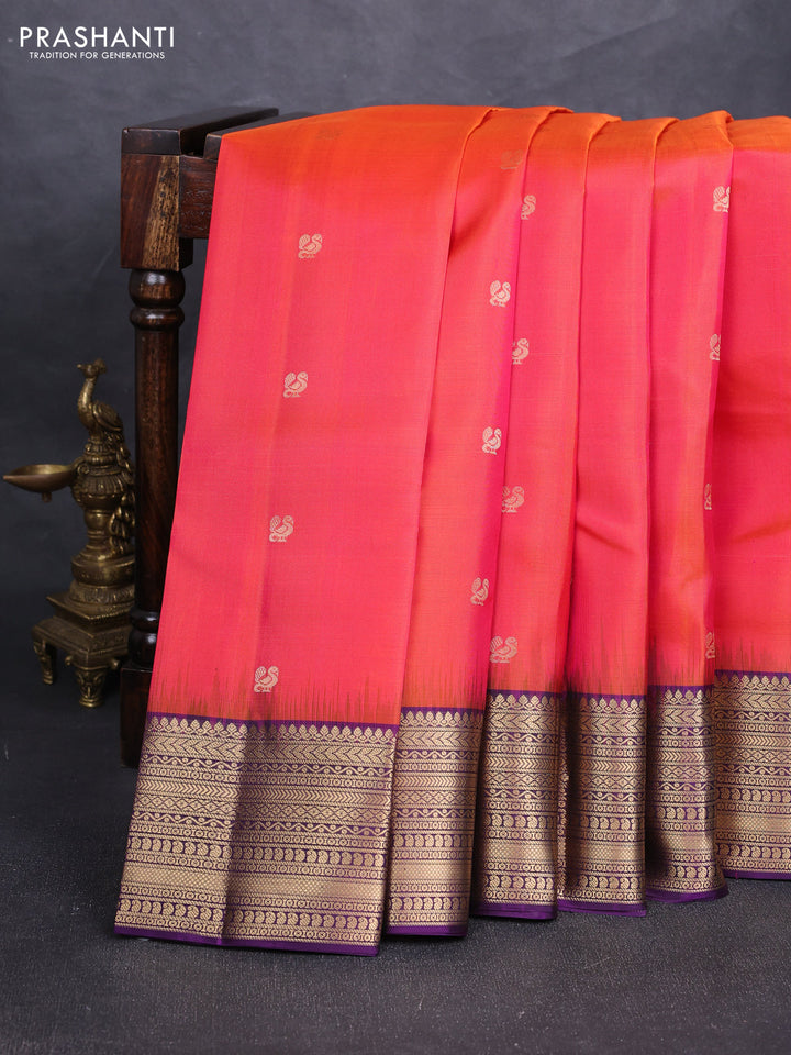 Pure soft silk saree dual shade of pinkish orange and purple with zari woven annam buttas and zari woven border