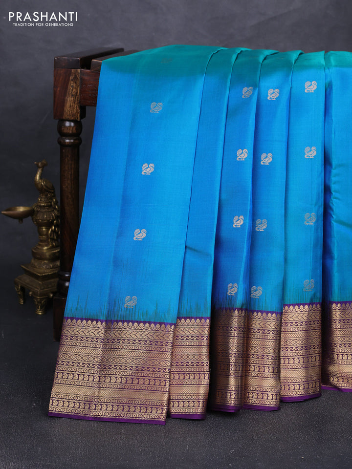 Pure soft silk saree dual shade of bluish green and purple with zari woven annam buttas and zari woven border