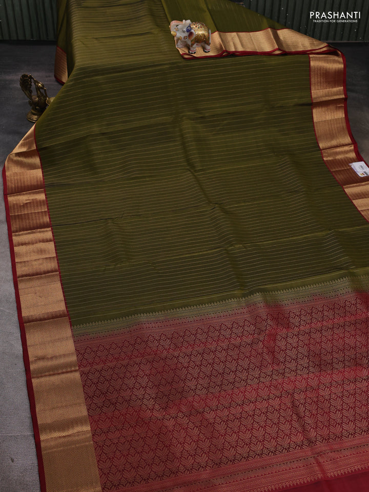 Pure soft silk saree sap green and maroon with allover zari stripe pattern and zari woven border