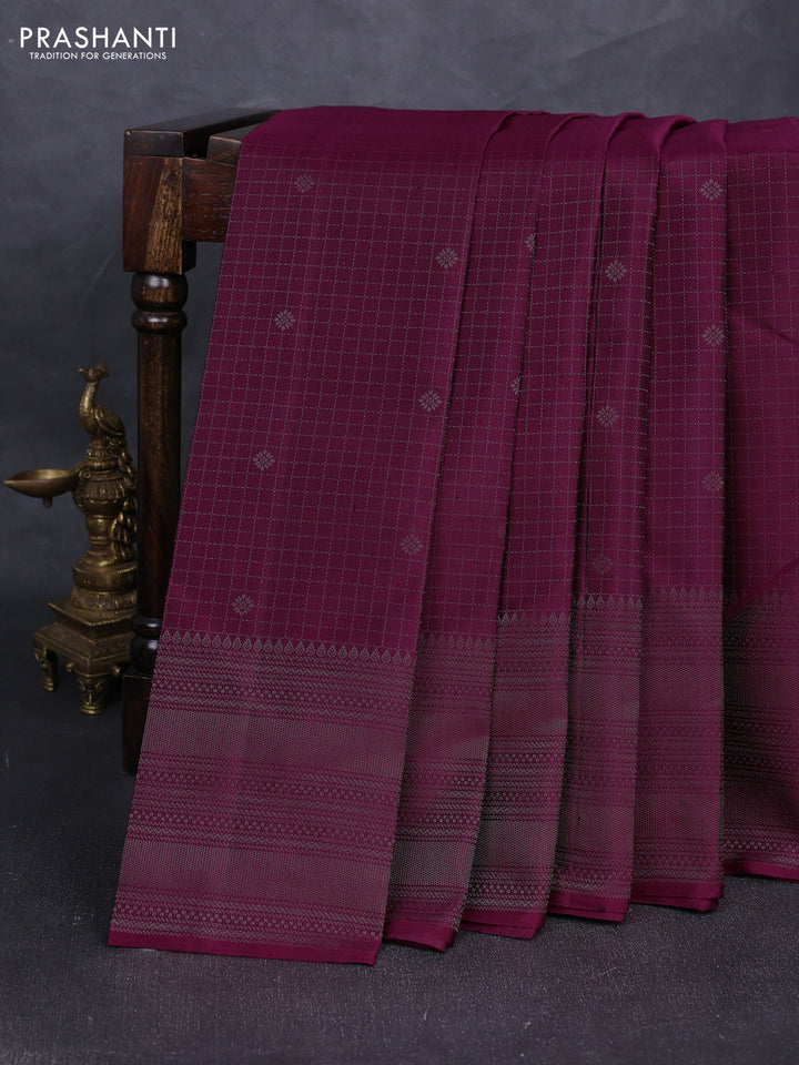 Pure soft silk saree dark magenta pink with allover silver zari checks & buttas and long silver zari woven border
