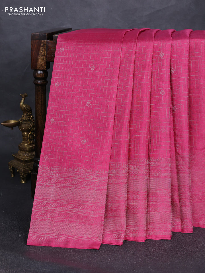Pure soft silk saree mauve pink with allover silver zari checked pattern and long silver zari woven border