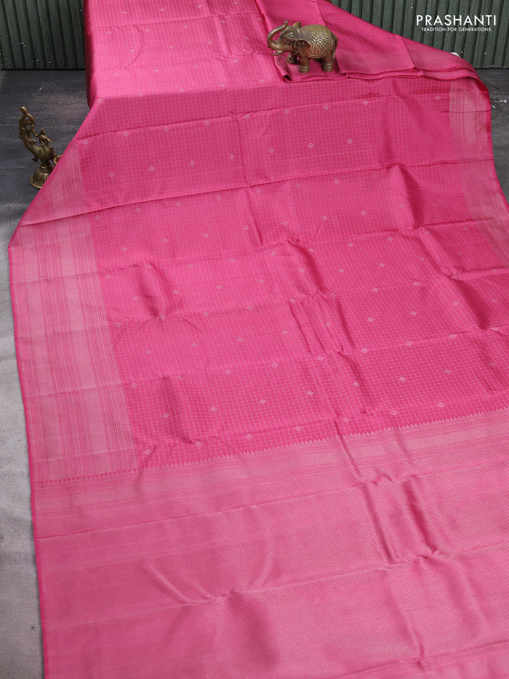 Pure soft silk saree mauve pink with allover silver zari checked pattern and long silver zari woven border