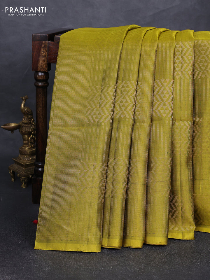 Pure soft silk saree mehendi green and maroon with allover zari woven brocade weaves in borderless style