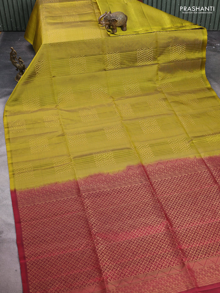 Pure soft silk saree mehendi green and maroon with allover zari woven brocade weaves in borderless style