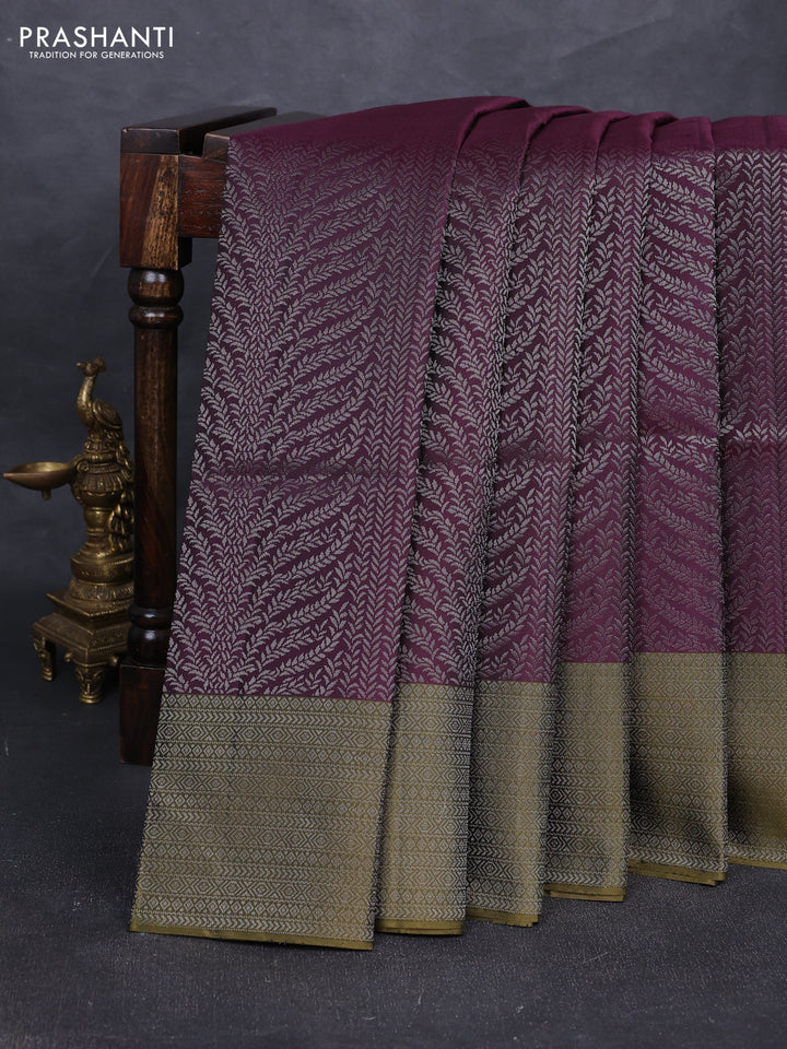 Pure soft silk saree deep wine shade and olive green with allover silver zari woven brocade weaves and silver zari woven border