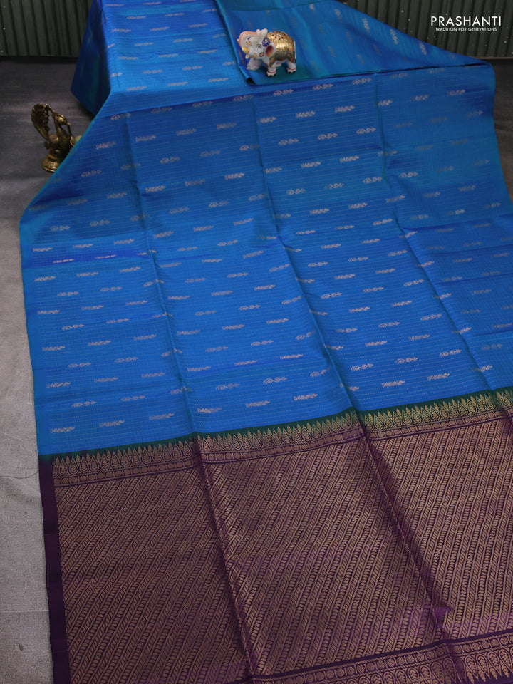 Pure soft silk saree dual shade of blu and purple with allover checked pattern & zari buttas in borderless style
