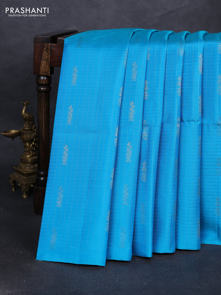 Pure soft silk saree cs blue and purple with allover checked pattern & zari buttas in borderless style