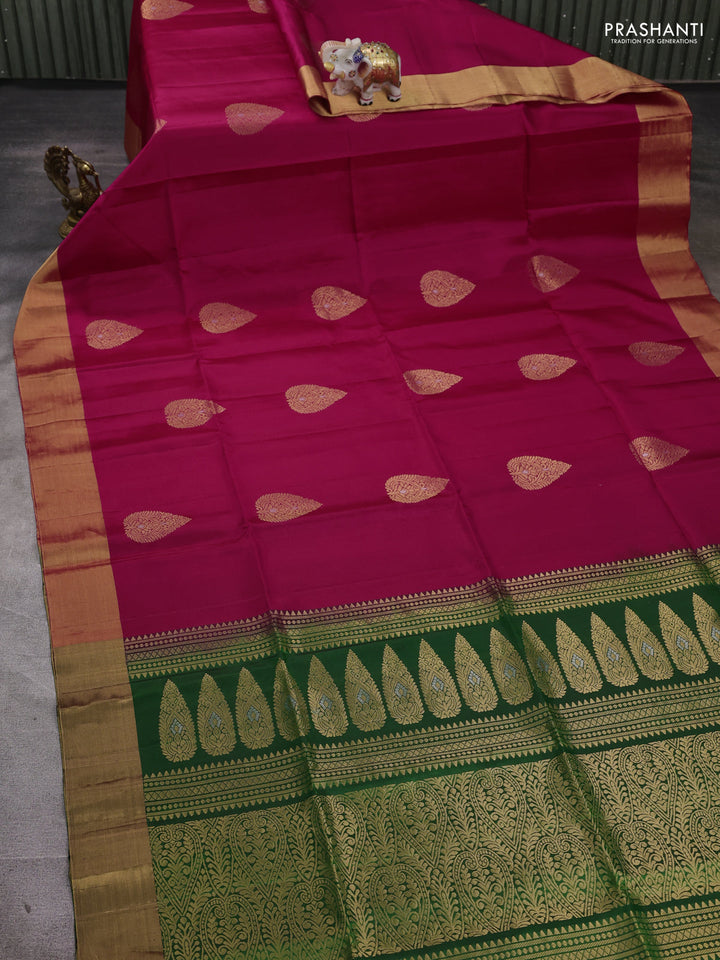 Pure soft silk saree dark pink and green with zari woven buttas and zari woven border
