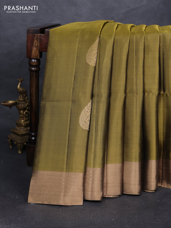 Pure soft silk saree olive green and maroon with zari woven buttas and zari woven border