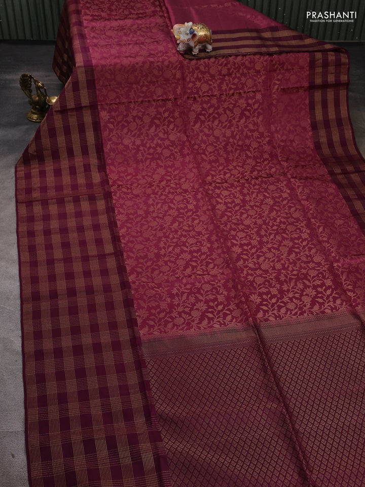 Pure soft silk saree dark mauve pink and wine shade with allover zari woven brocade weaves and long zari woven checked border