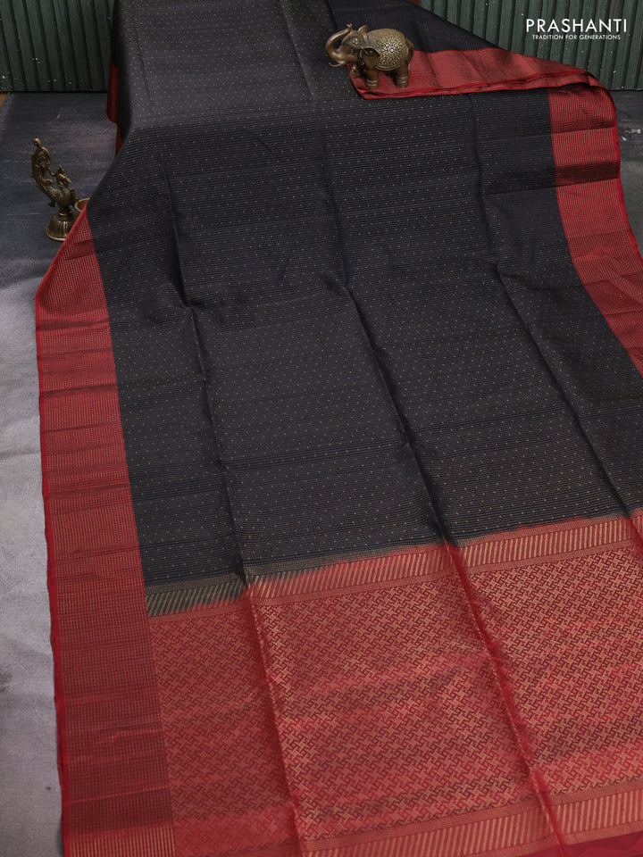 Pure soft silk saree black and maroon with allover zari woven brocade weaves and zari woven checked border