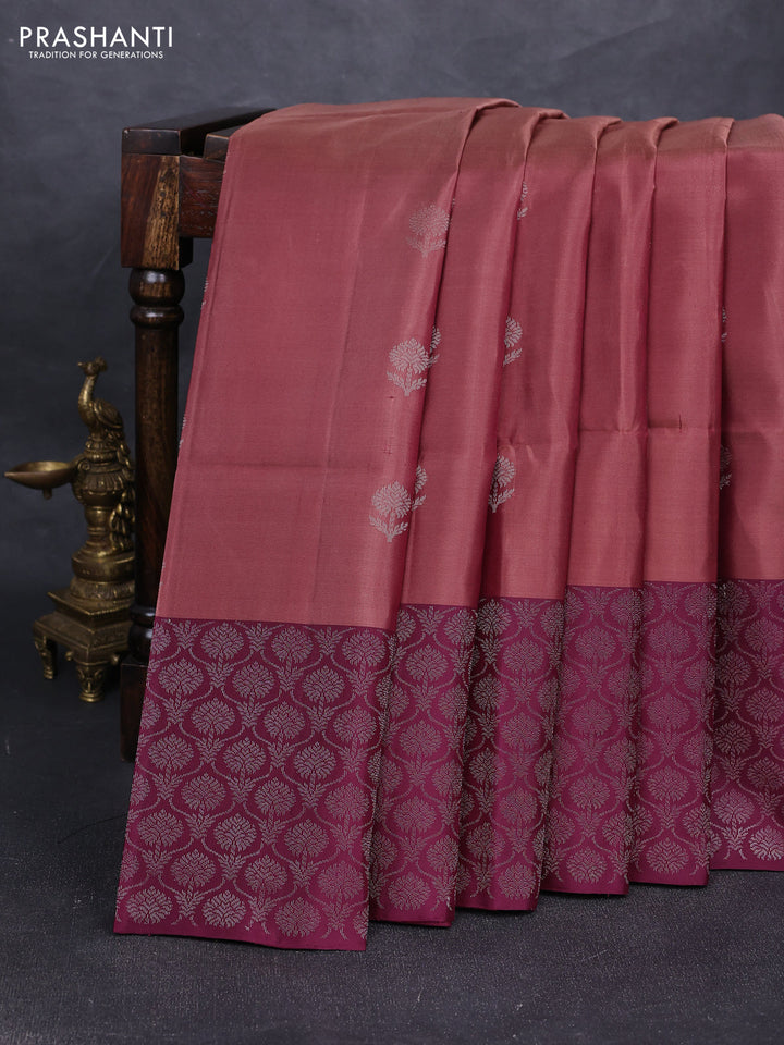 Pure soft silk saree rosy brown and purple with silver zari woven buttas and silver zari woven border