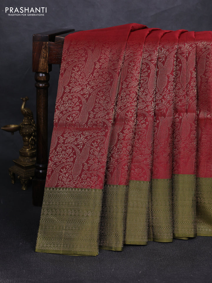 Pure soft silk saree maroon and mehendi green with allover zari woven brocade weaves and zari woven border