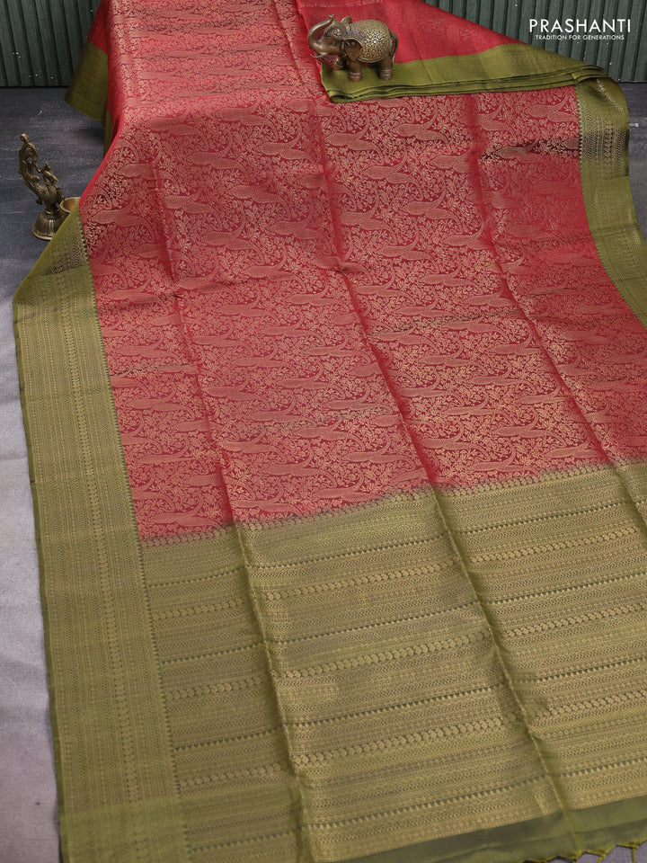 Pure soft silk saree maroon and mehendi green with allover zari woven brocade weaves and zari woven border
