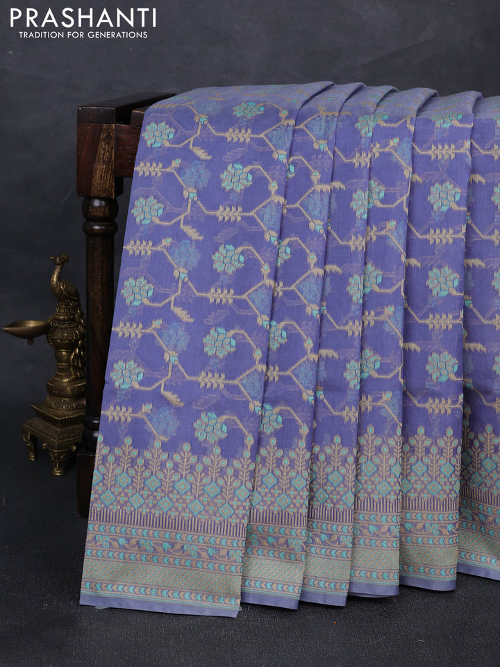 Banarasi cotton saree blue with allover thread weaves and woven border