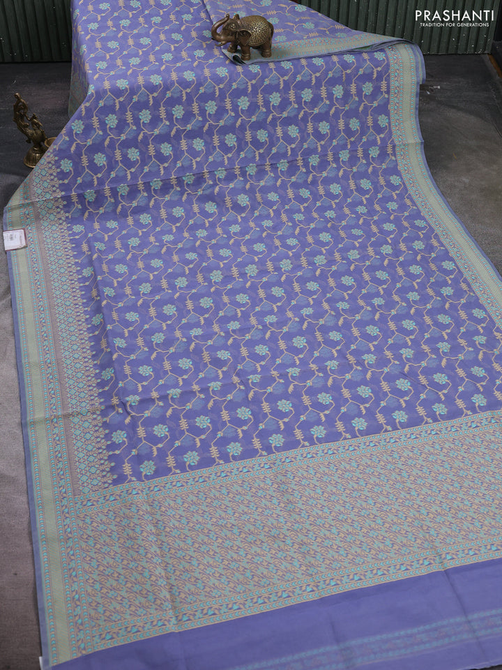 Banarasi cotton saree blue with allover thread weaves and woven border
