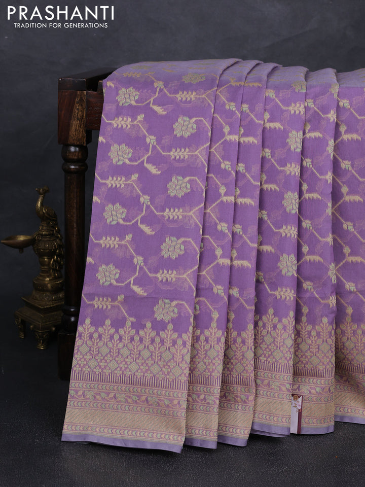 Banarasi cotton saree lavender with allover thread weaves and woven border