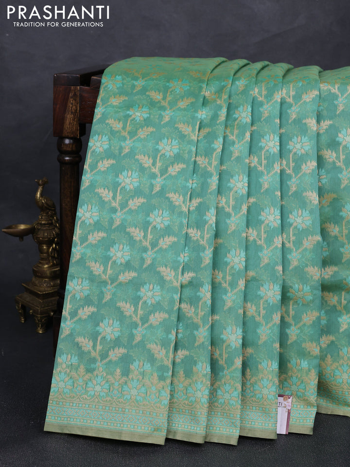 Banarasi cotton saree teal green with allover thread weaves and woven border