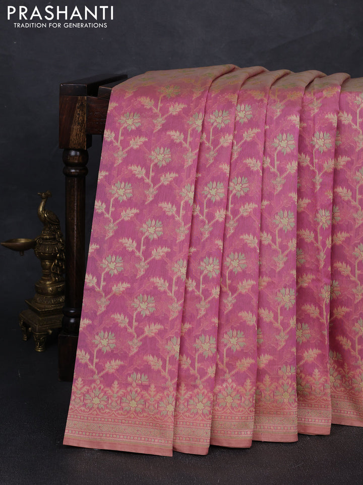 Banarasi cotton saree pastel pink with allover thread weaves and woven border