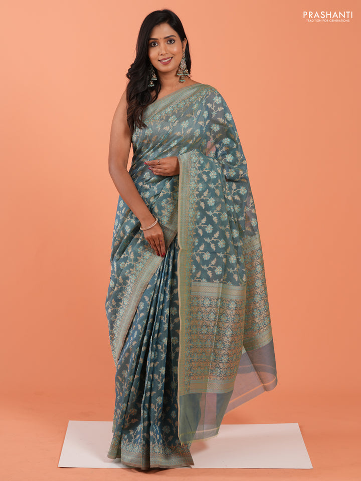 Banarasi cotton saree dual shade of teal blue with allover thread weaves and woven border