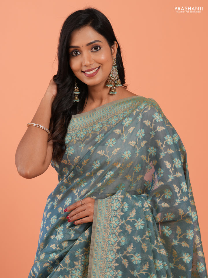 Banarasi cotton saree dual shade of teal blue with allover thread weaves and woven border