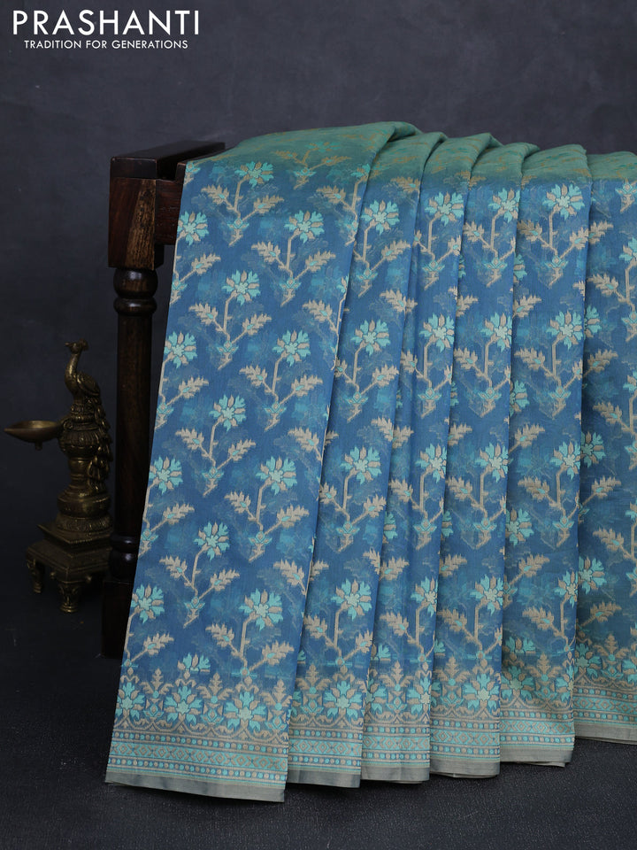Banarasi cotton saree dual shade of teal blue with allover thread weaves and woven border