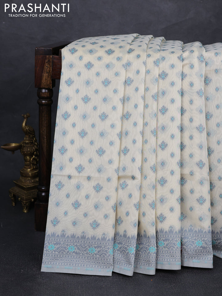 Banarasi cotton saree cream and grey with thread woven butta weaves and woven border