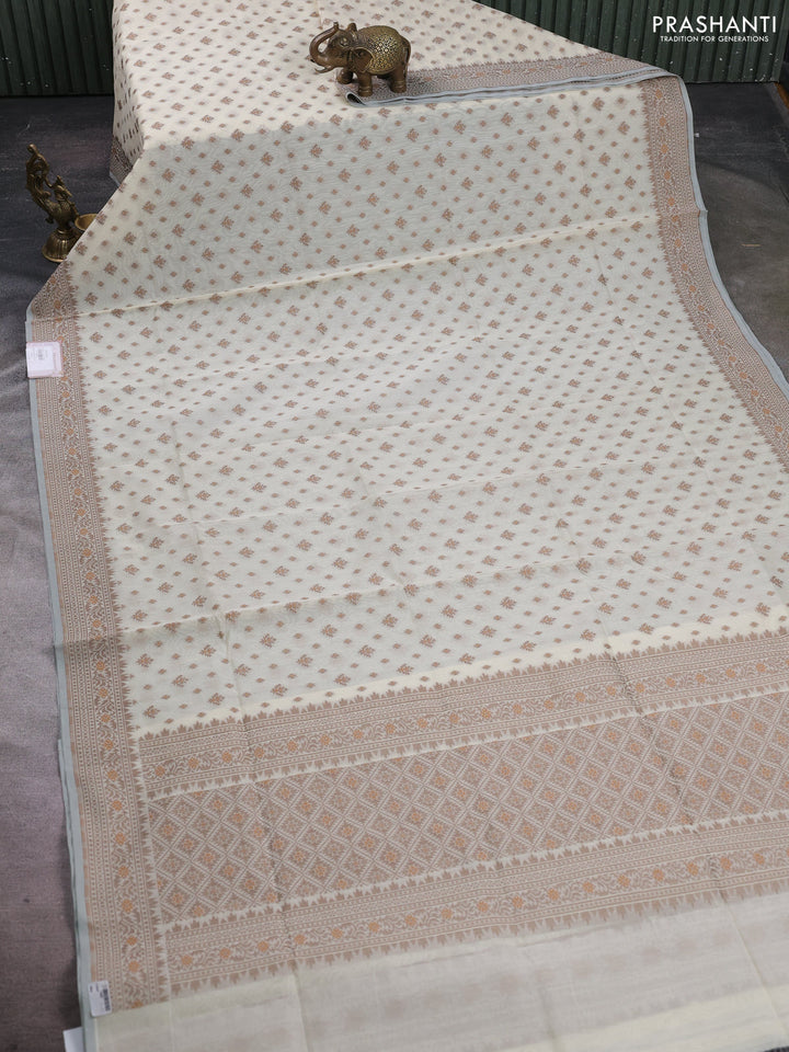 Banarasi cotton saree cream and brown with thread woven butta weaves and woven border
